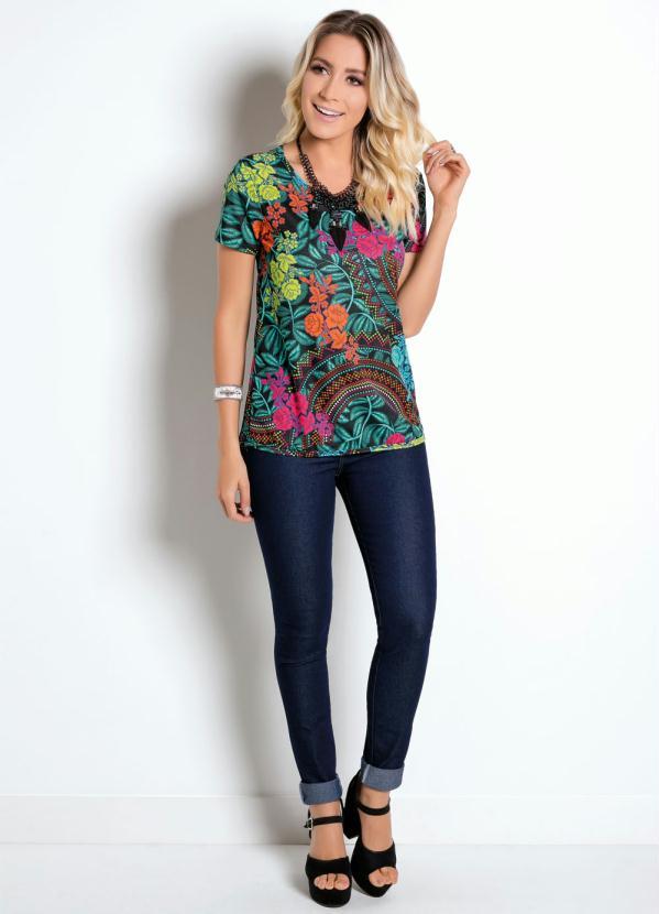 

Blusa Mullet com Manga Curta Étnico e Tropical, Preto