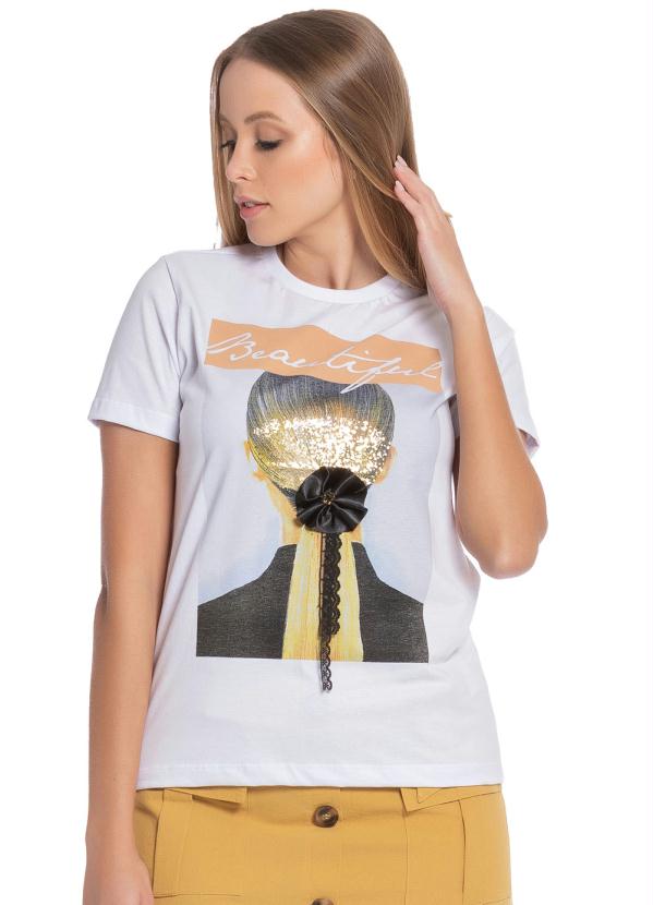 T-Shirt Estampada com Aplique de Flor Branco