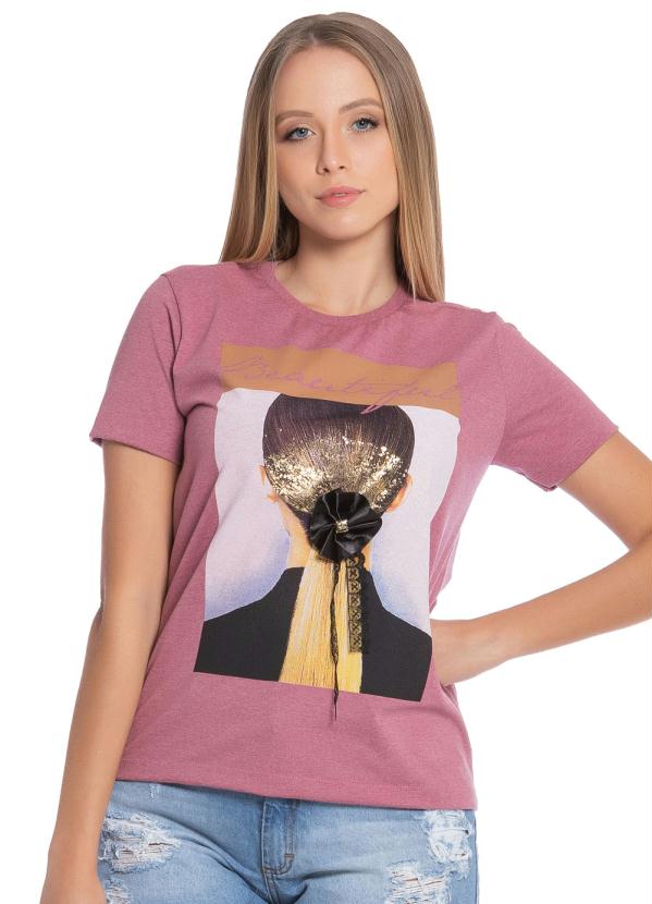 T-Shirt Estampada com Aplique de Flor Rosa