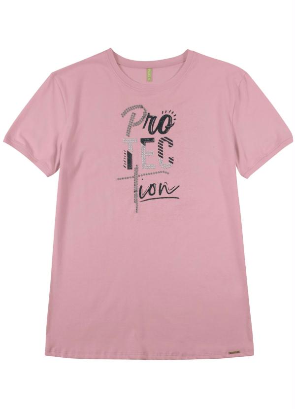 T-Shirt Estampada com Bordado Rosa