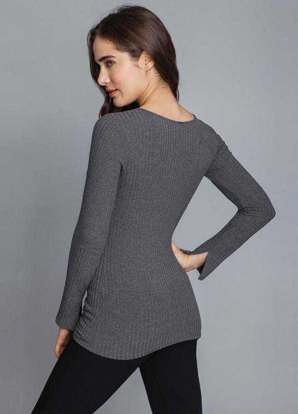 

Blusa Manga Longa Malha Canelado Cinza