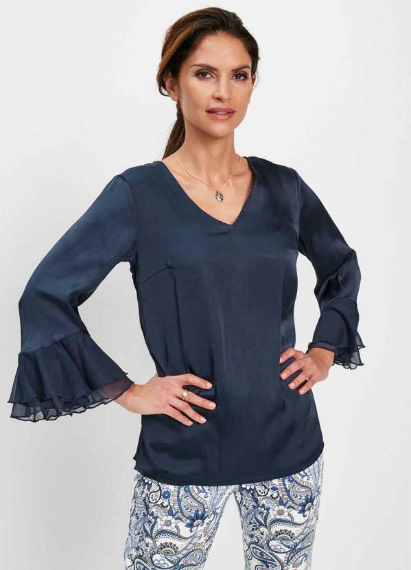 Blusa Mangas Longas com Babados Azul Marinho