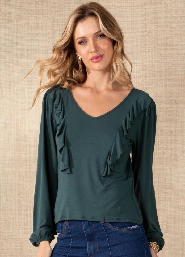 Vista 2 Blusa Verde Manga Longas com Babados Quintess Quintess