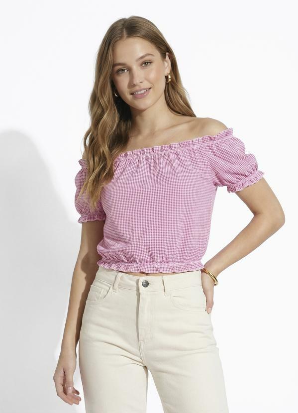 Blusa Xadrez com Decote Ombro a Ombro