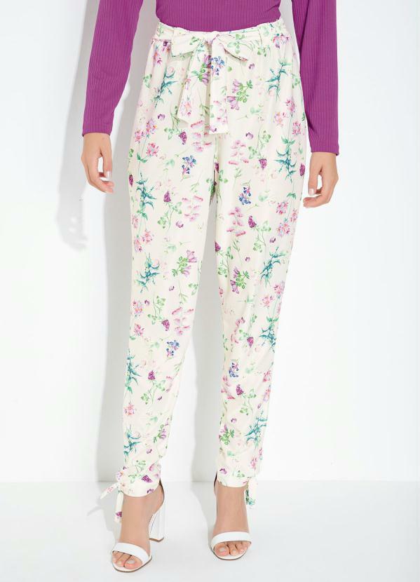 Calça Floral com Amarrações e Cintura Alta