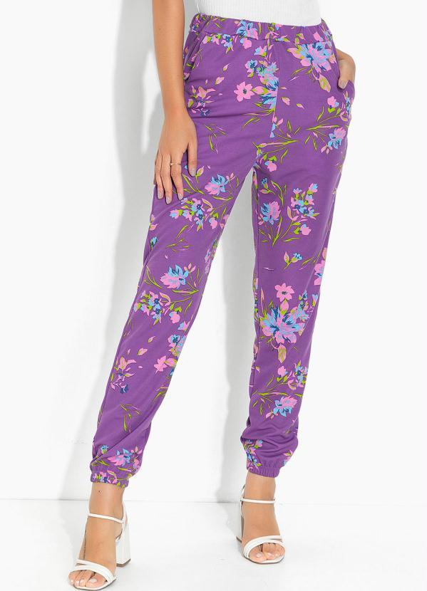 Vista 2 Calça Floral Roxo com Bolsos Funcionais Moda Pop Moda Pop