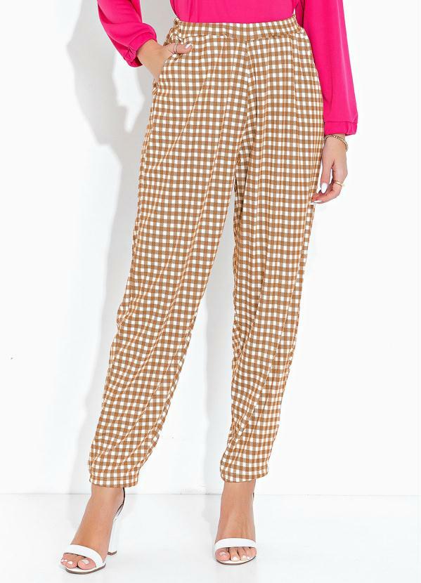 Calça XadrezCom Cintura Alta e Bolsos Funcionais