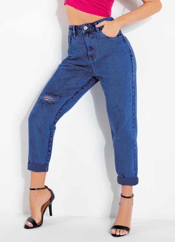 Calça Azul Mom Jeans com Puídos Sawary