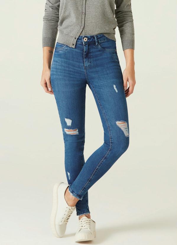 Calça Azul Skinny Flex Jeans Puídos Feminino
