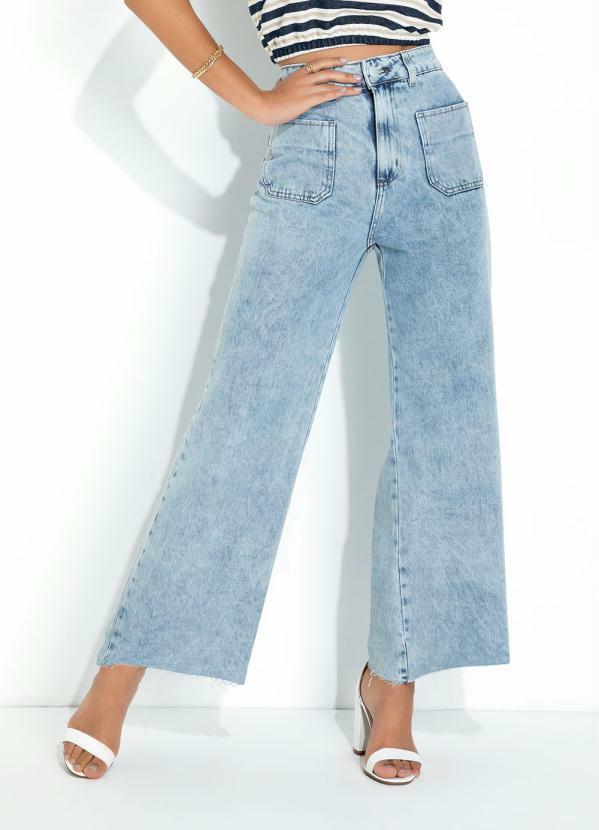 Calça Jeans Wide Leg com Bolsos Sawary