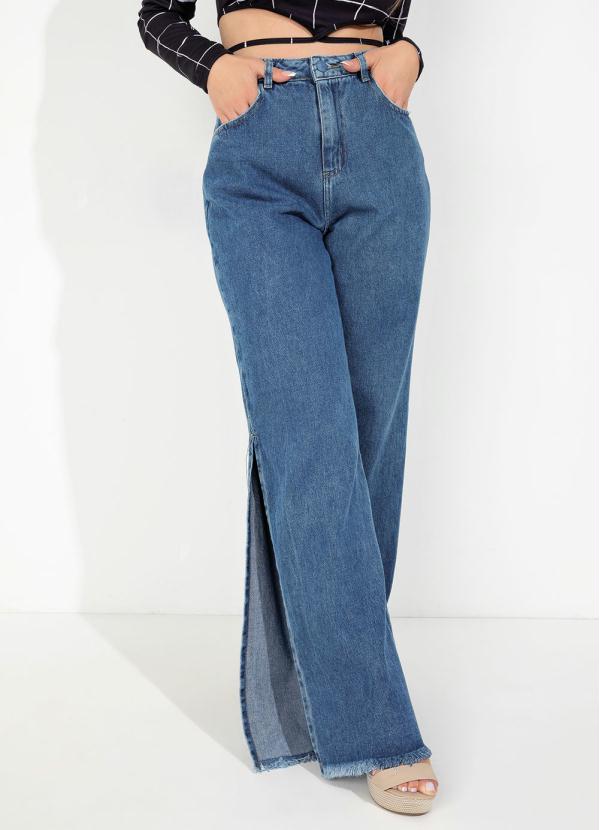 Calça Jeans Wide Leg com Fendas Laterais Sawary