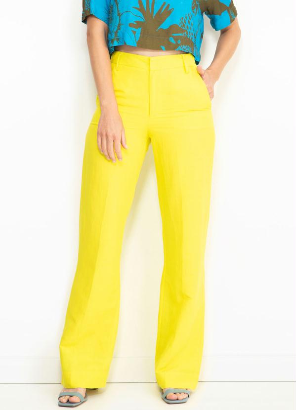 Calça Pantalona de Linho Amarelo Neon