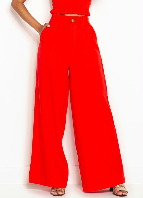 Calça Pantalona de Linho com Recorte Vermelho