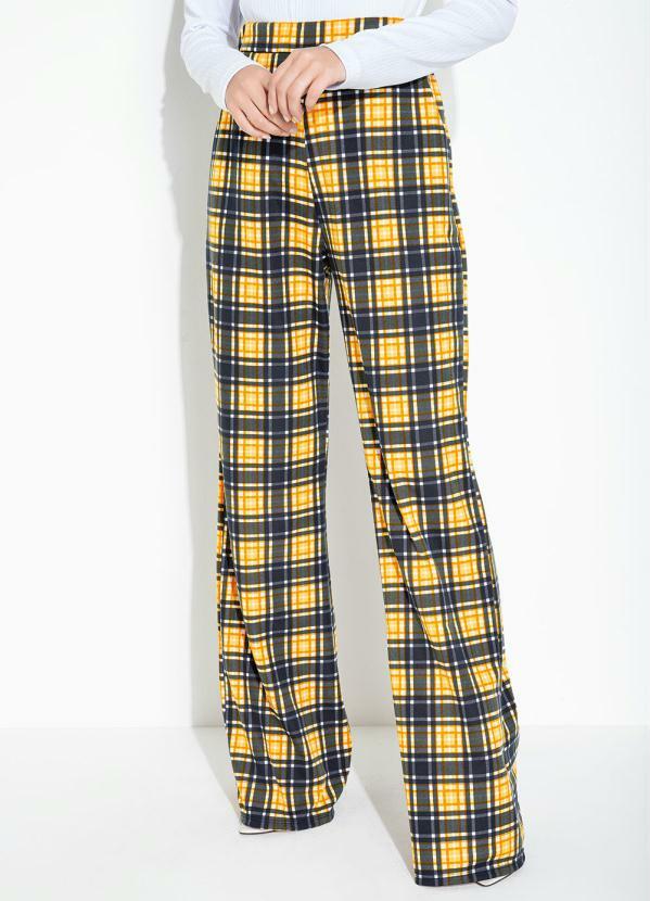 Vista 2 Calça Xadrez Amarelo com Bolso e Cintura Alta Moda Pop Moda Pop