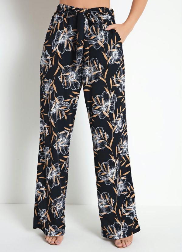Calça Floral Marinho com Faixa