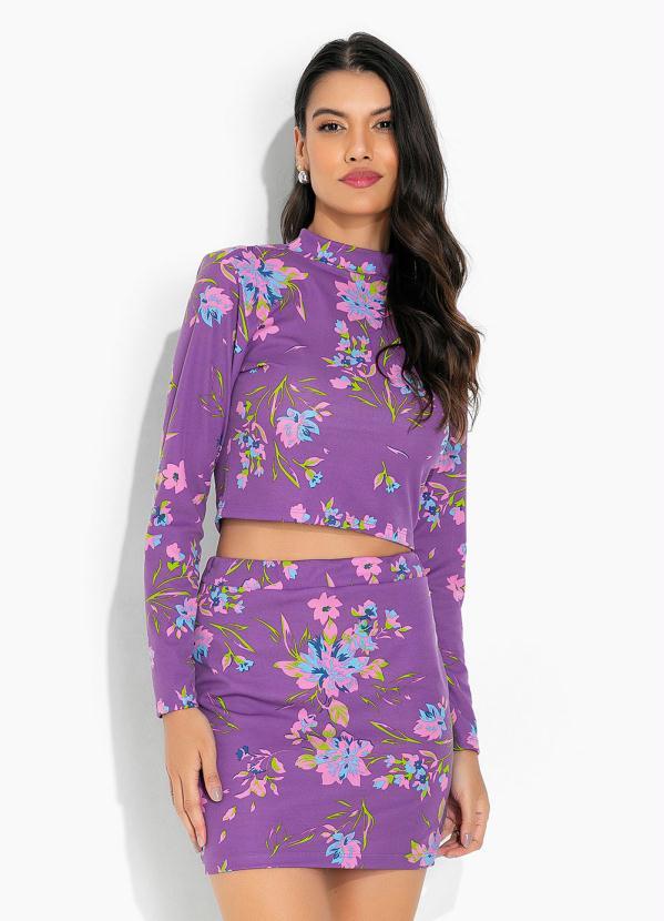 Conjunto Floral Roxo com Gola e Cintura Alta