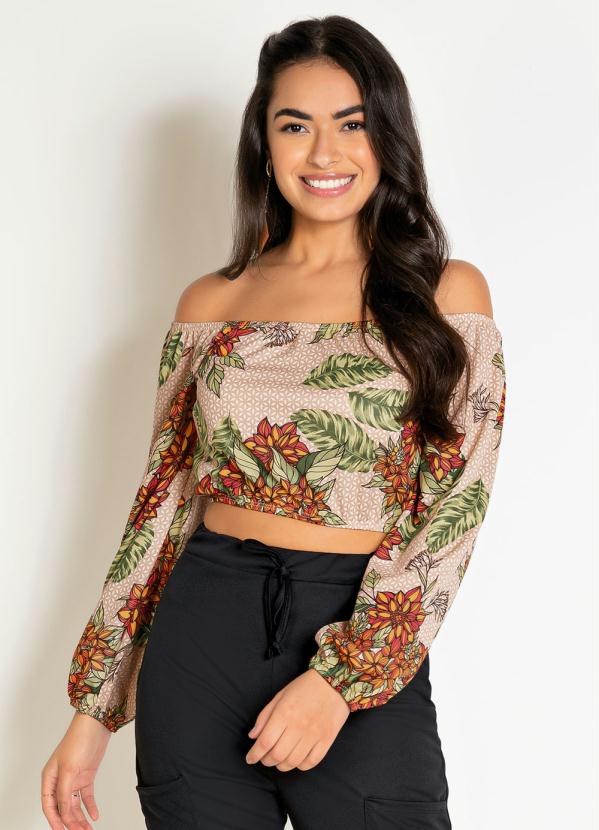 Cropped Floral Bege com Mangas Longas