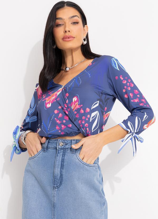 Cropped Floral Marinho com Amarração nas Mangas