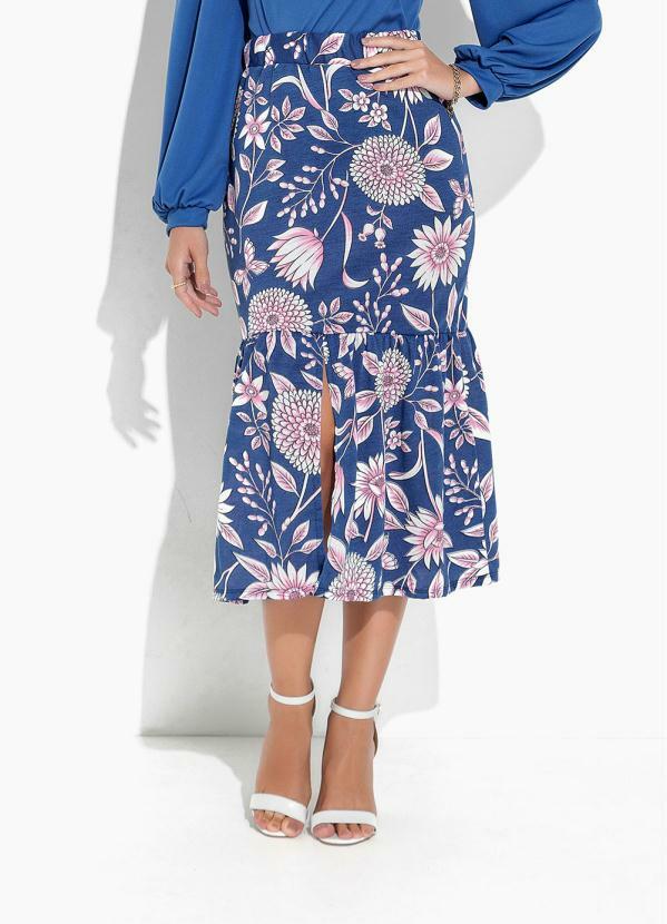 Vista 2 Saia Floral Azul com Fenda Rosalie Rosalie