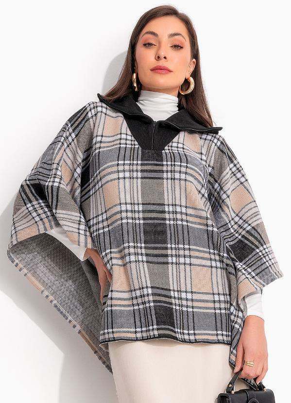Casaco Xadrez Plaid Bege em Tricô