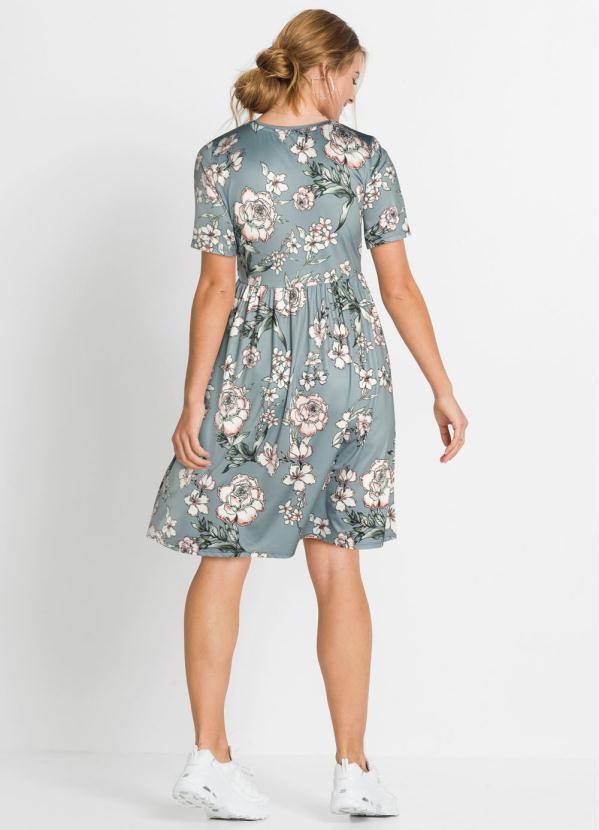 

Vestido com Recorte e Franzidos Floral Cinza