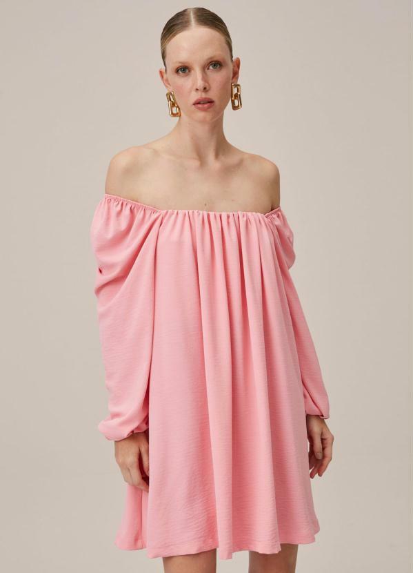 Vestido Curto de Crepe Manga Longa Rosa