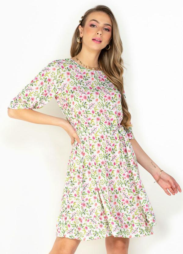 Vista 2 Vestido Floral Branco com Faixa para Amarrar Moda Pop Moda Pop