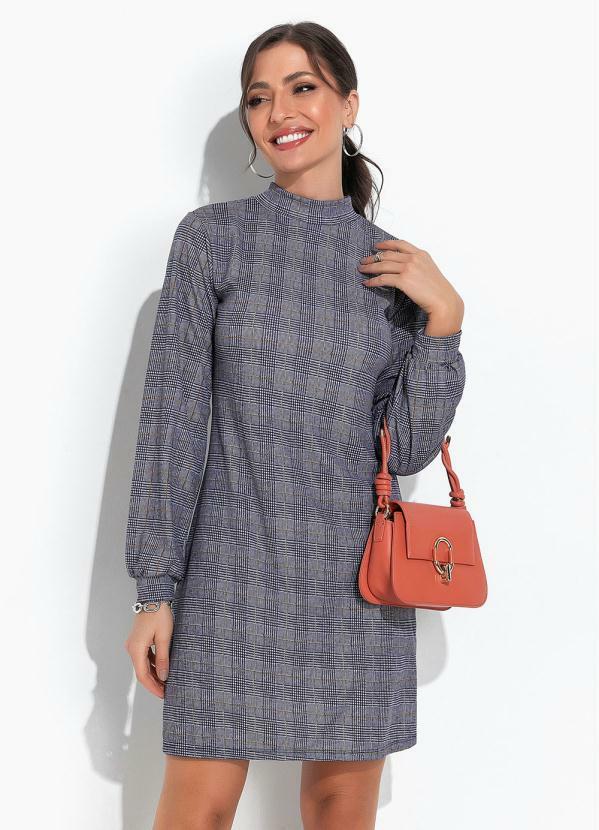 Vestido Xadrez Marinho Evasê com Gola