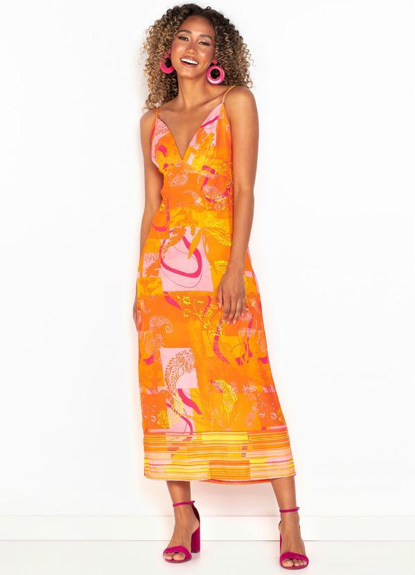Vestido Midi de Viscose Estampado Laranja