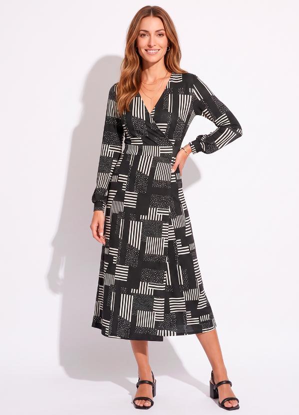 Vestido Geométrico P&B em Malha de Viscose