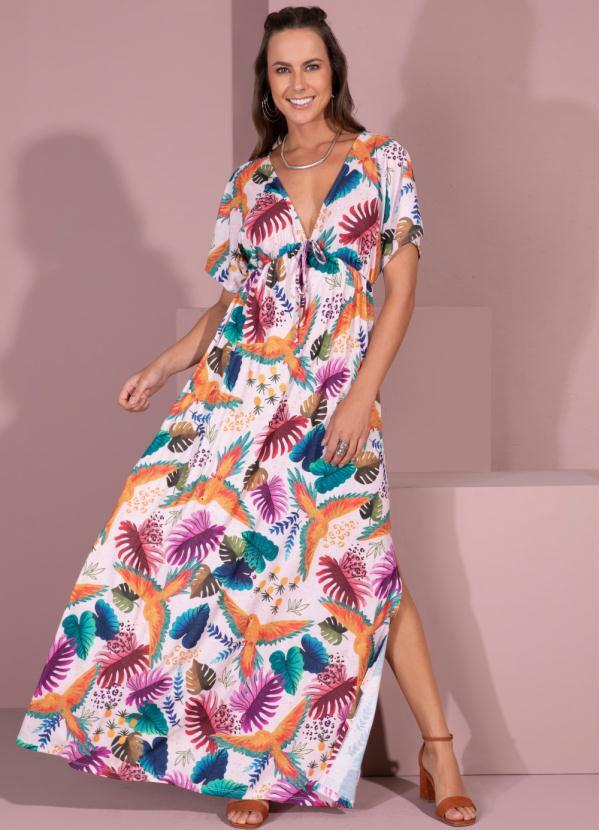 Vista 2 Vestido com Decote Profundo Folhagem Tropical Quintess Quintess