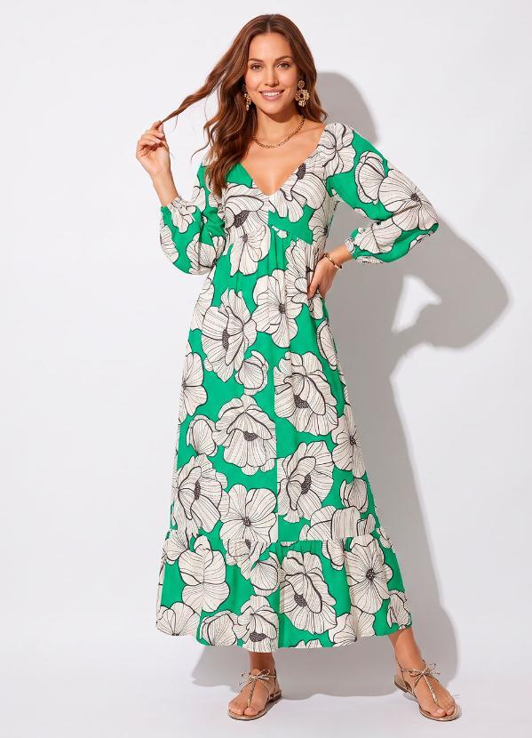 Vestido Floral Fundo Verde em Viscose Plana