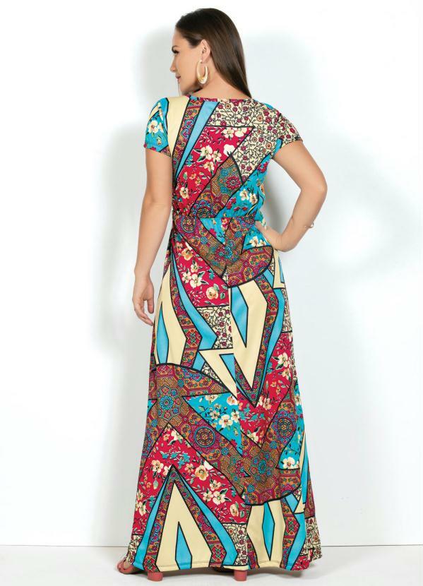 

Vestido Floral Longo Mangas Curtas, Vermelho