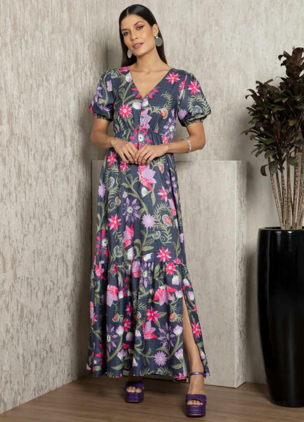 Vestido Longo Floral Preto com Fenda na Barra