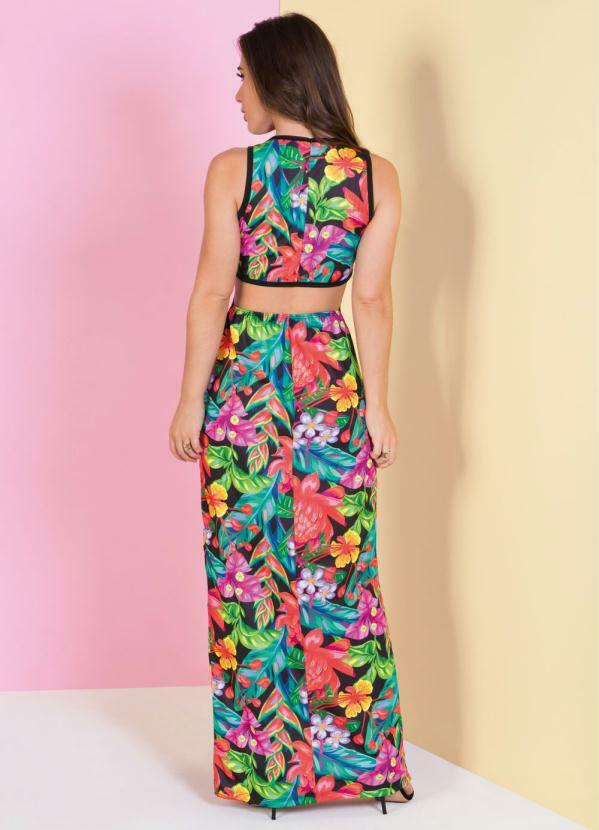 

Vestido Longo Tropical com Recortes Vazados, Preto