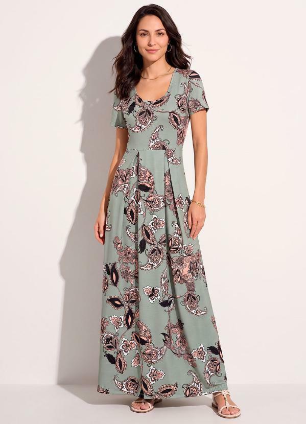 Vestido Paisley Cinza Longo com Pregas