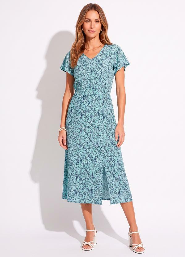 Vestido Decote V Manga Curta Floral Azul