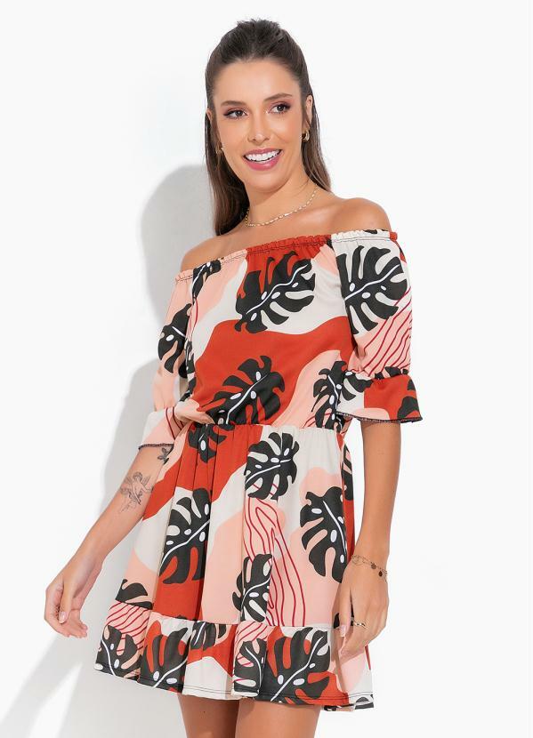 Vista 2 Vestido Folhagem Decote Ombro a Ombro e Babados Moda Pop Moda Pop