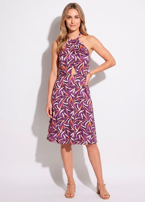 Vestido Abstrado Roxo com Transpasse no Busto