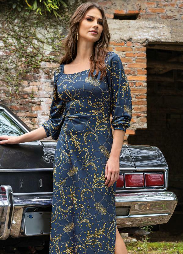 Vestido Floral Marinho com Fendas