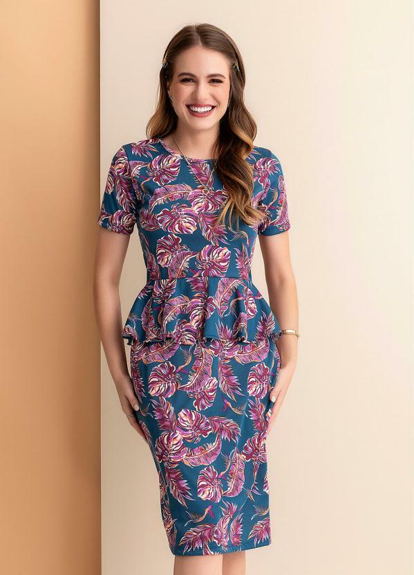 Vestido Folhas Marinho Peplum