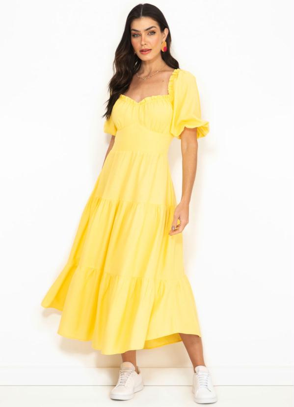 Vestido Midi de Linho Mangas Marias Amarelo