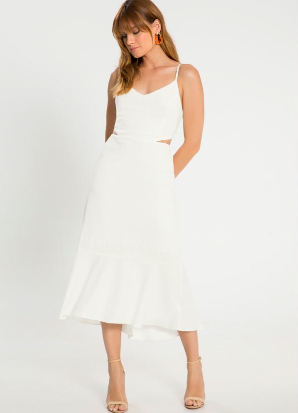 Vestido Midi em Linho com Abertura Off White