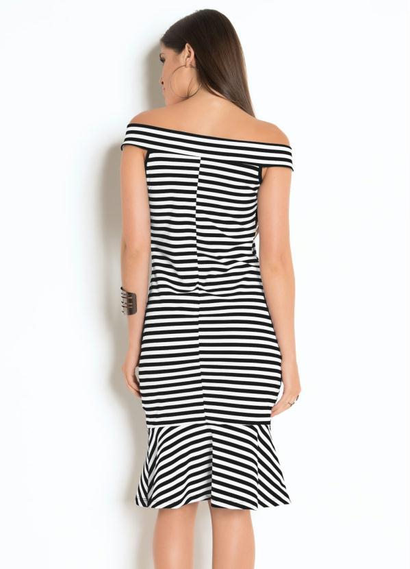 

Vestido Midi Listrado com Babado, Preto