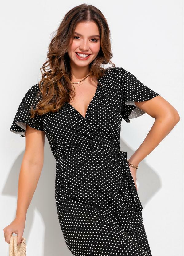 Vestido Poá Fundo Preto em Malha de Viscose