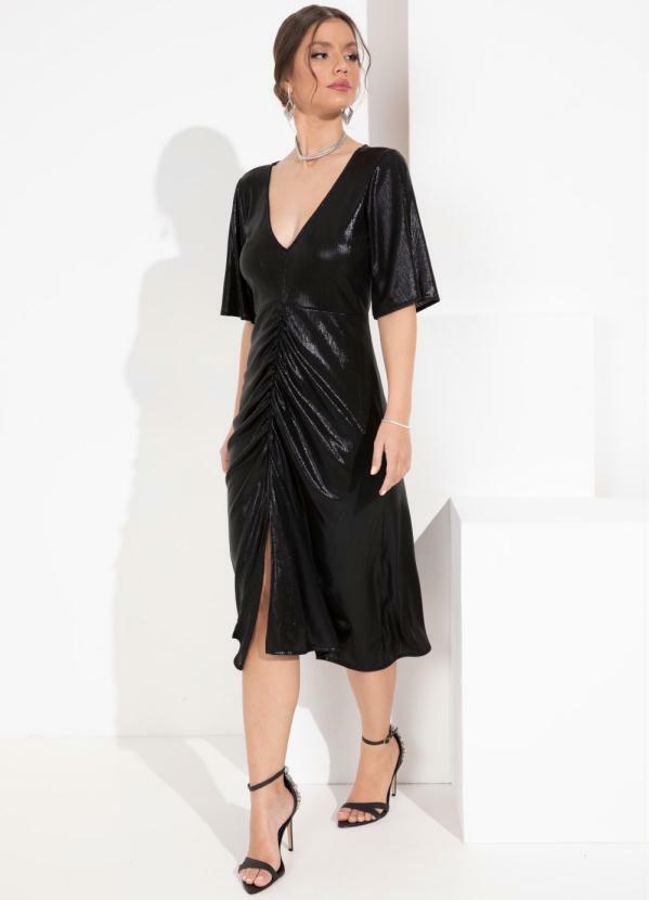 Vestido Preto Metalizado com Franzido