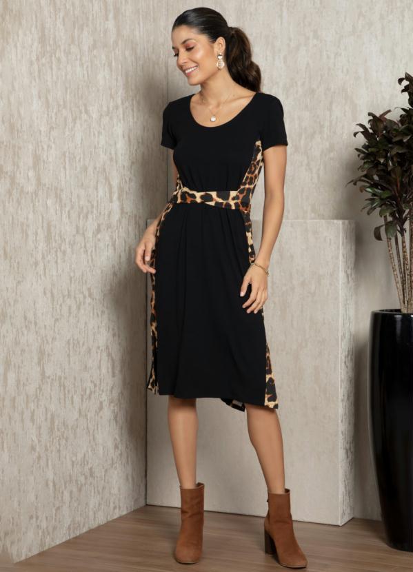 Vestido Preto/Onça com Recorte nas Laterais