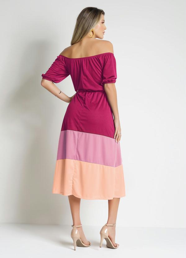 Vestido Tricolor Rosa Comfivela Moda Evangélica