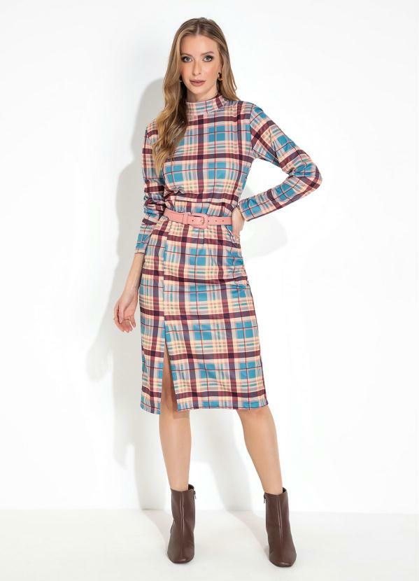 Vista 2 Vestido Xadrez Marrom com Gola e Mangas Longas Moda Pop Moda Pop