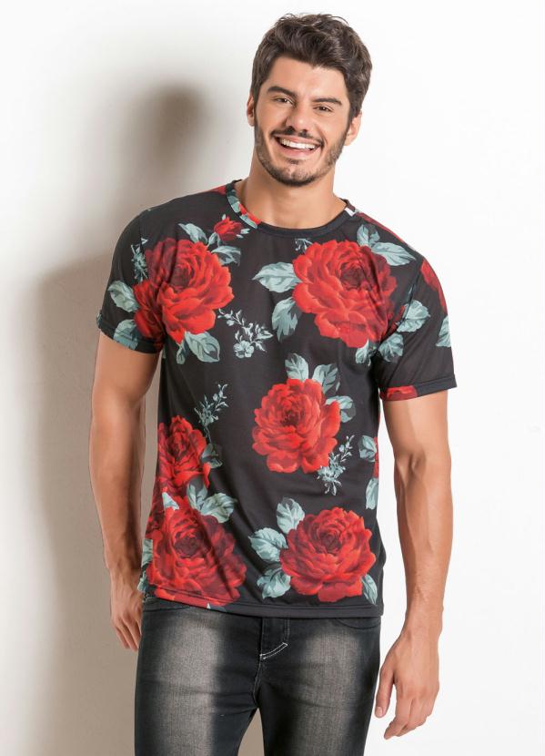 Camiseta Preta Actual com Estampa Floral